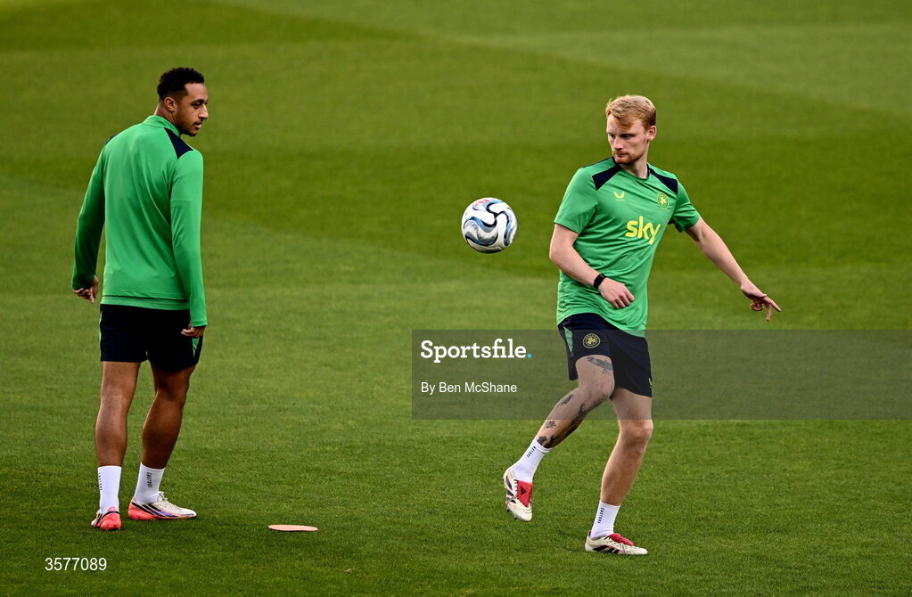 26 September 2026; Liam Scales, right, and Adam Idah during the Republic of Ireland training session at Nagyerdei Stadion in Debrecen, Hungary. Photo by Ben McShane/Sportsfile