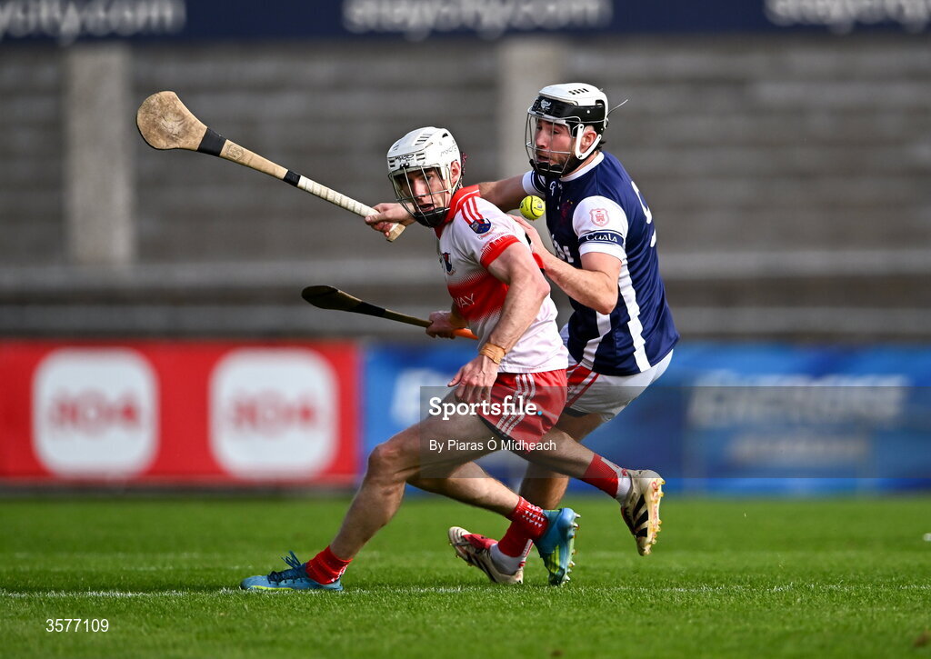 26 September 2026; Lee Gannon of Whitehall Colmcille in action against Jake Malone of Cuala during the PTSB Dublin County Senior Club Hurling Championship Quarter-Final between Cuala and Whitehall Colmcilles at Parnell Park in Dublin. Photo by Piaras Ó Mídheach/Sportsfile