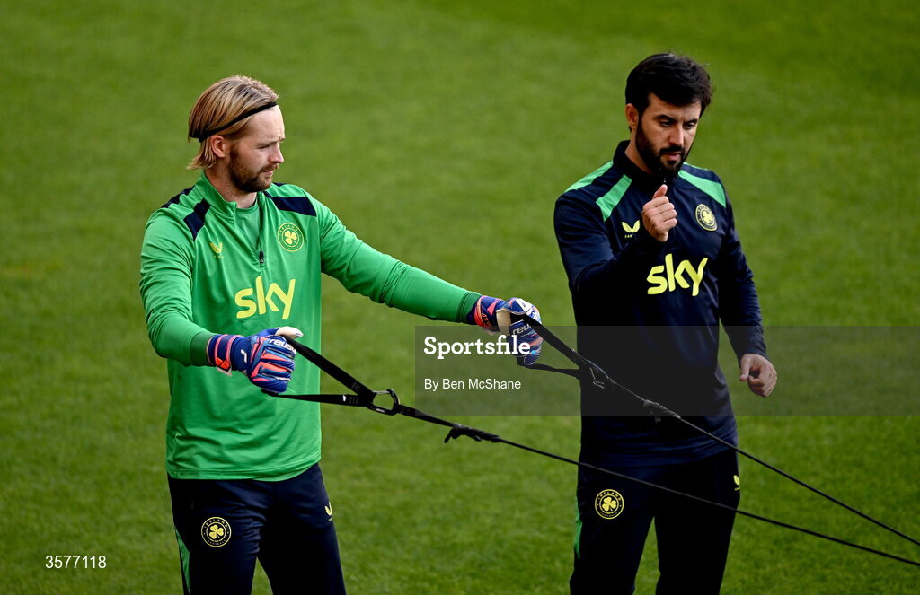 26 September 2026; Goalkeeper Caoimhín Kelleher, left, and strength and conditioning coach Pepe Lázaro Ramírez during the Republic of Ireland training session at Nagyerdei Stadion in Debrecen, Hungary. Photo by Ben McShane/Sportsfile
