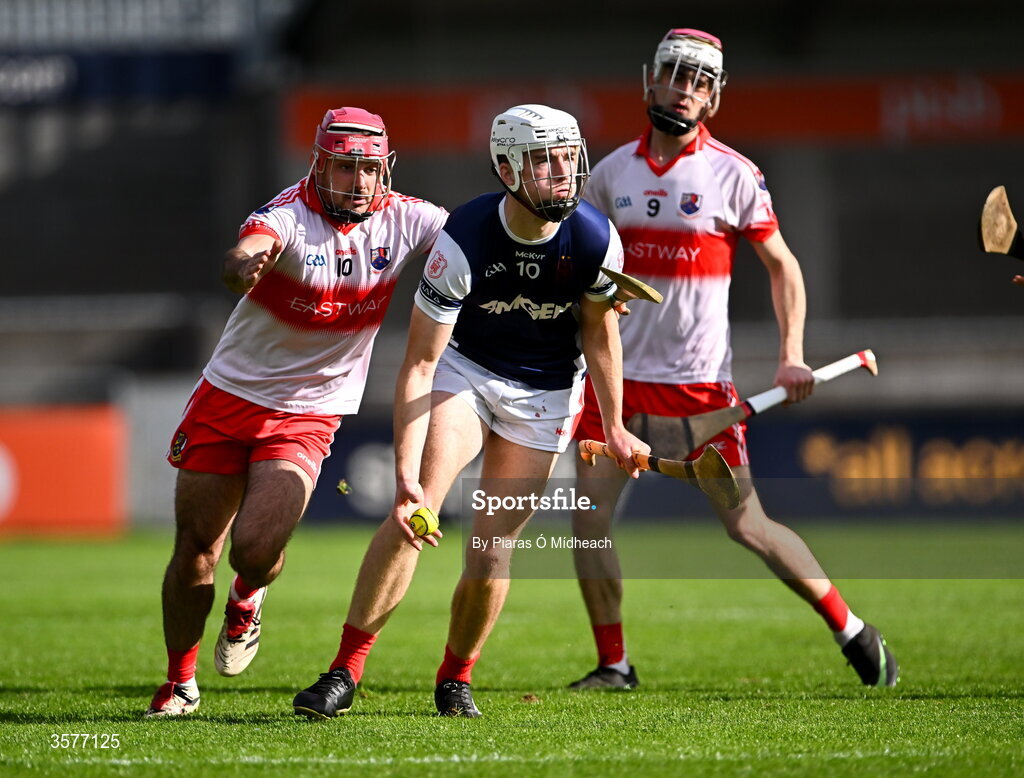 26 September 2026; George O'Toole of Cuala in action against Enda O'Donnell of Whitehall Colmcille during the PTSB Dublin County Senior Club Hurling Championship Quarter-Final between Cuala and Whitehall Colmcilles at Parnell Park in Dublin. Photo by Piaras Ó Mídheach/Sportsfile