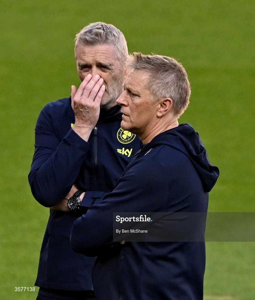 26 September 2026; Head coach Heimir Hallgrimsson, right, with goalkeeping coach Gudmundur Hreidarsson during the Republic of Ireland training session at Nagyerdei Stadion in Debrecen, Hungary. Photo by Ben McShane/Sportsfile