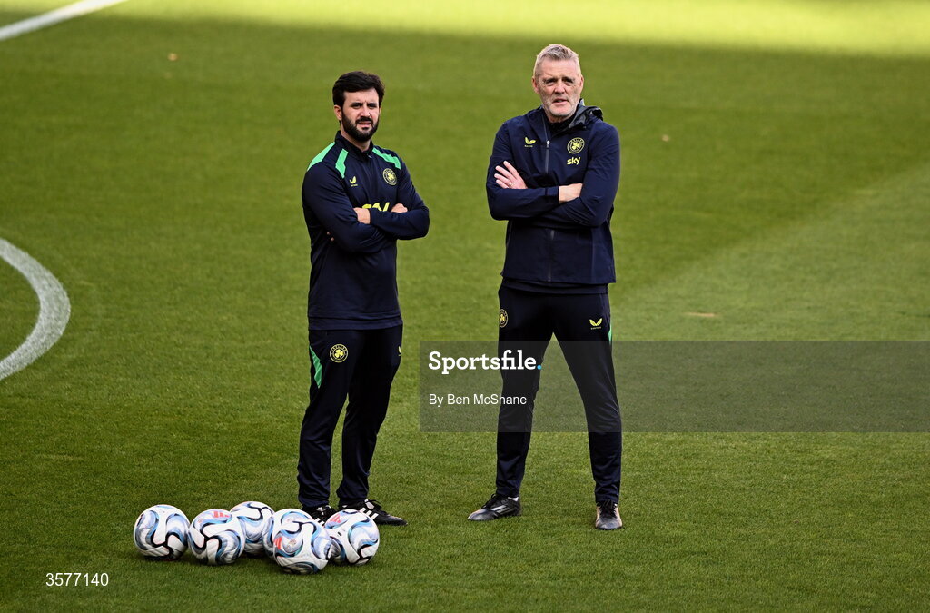 26 September 2026; Goalkeeping coach Gudmundur Hreidarsson, right, and strength and conditioning coach Pepe Lázaro Ramírez during the Republic of Ireland training session at Nagyerdei Stadion in Debrecen, Hungary. Photo by Ben McShane/Sportsfile