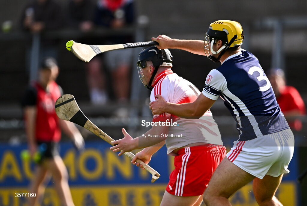 26 September 2026; Aodhán English of Cuala, 3, in action against Paddy Spellacy of Whitehall Colmcille during the PTSB Dublin County Senior Club Hurling Championship Quarter-Final between Cuala and Whitehall Colmcilles at Parnell Park in Dublin. Photo by Piaras Ó Mídheach/Sportsfile