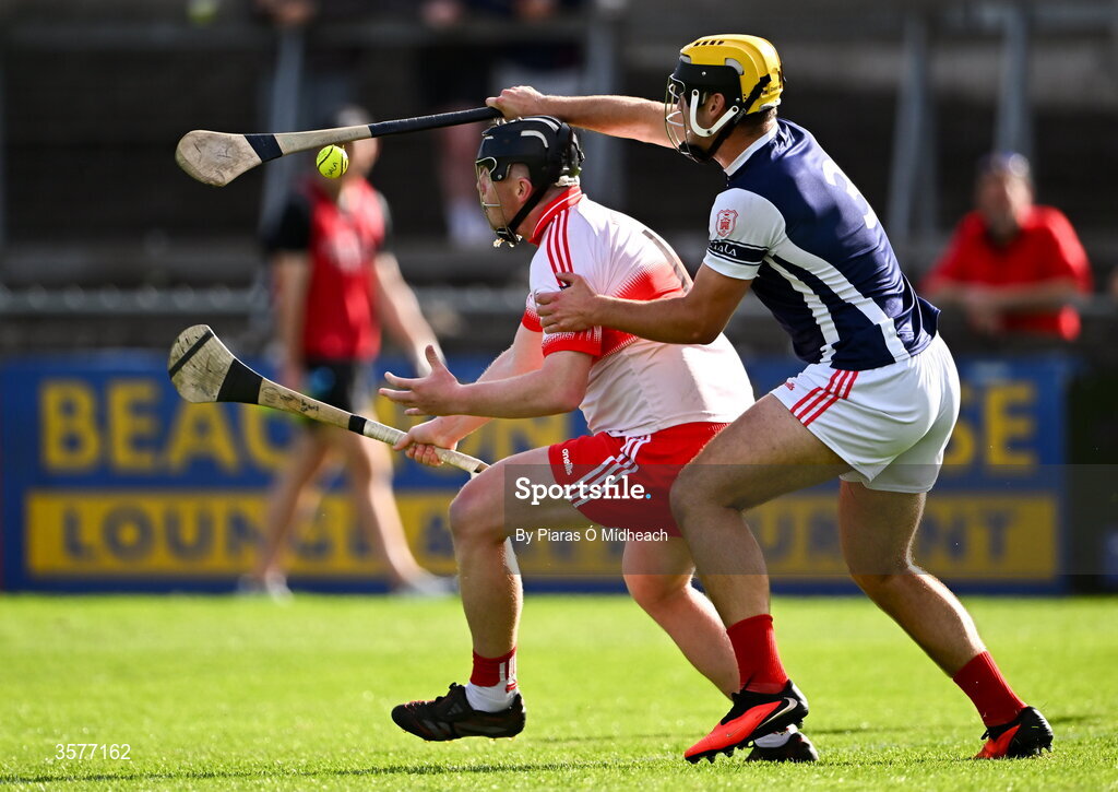 26 September 2026; Aodhán English of Cuala, 3, in action against Paddy Spellacy of Whitehall Colmcille during the PTSB Dublin County Senior Club Hurling Championship Quarter-Final between Cuala and Whitehall Colmcilles at Parnell Park in Dublin. Photo by Piaras Ó Mídheach/Sportsfile