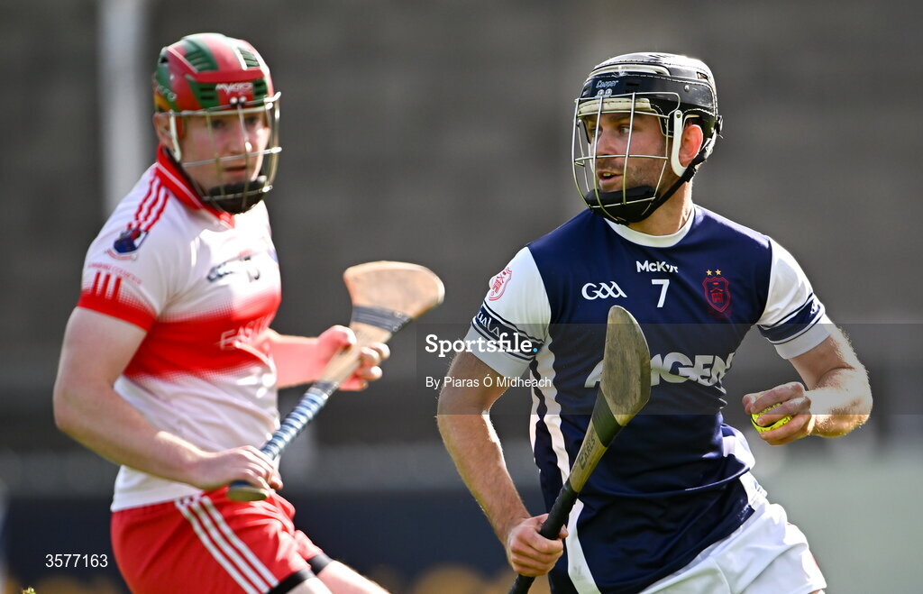 26 September 2026; Stephen Roche of Cuala in action against Conor Sheedy of Whitehall Colmcille during the PTSB Dublin County Senior Club Hurling Championship Quarter-Final between Cuala and Whitehall Colmcilles at Parnell Park in Dublin. Photo by Piaras Ó Mídheach/Sportsfile