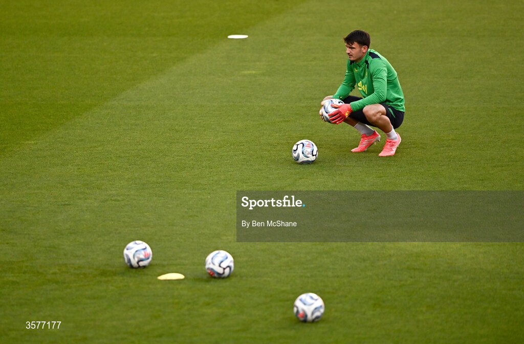 26 September 2026; Goalkeeper Max O'Leary during the Republic of Ireland training session at Nagyerdei Stadion in Debrecen, Hungary. Photo by Ben McShane/Sportsfile