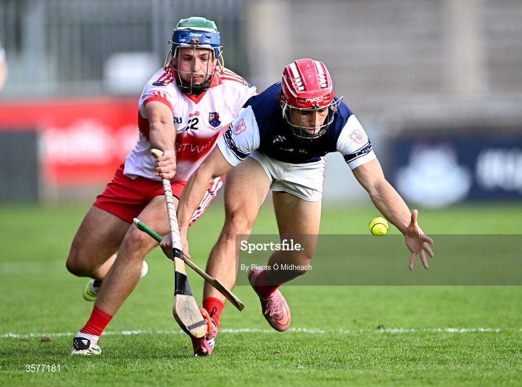 26 September 2026; Conor Groarke of Cuala in action against Conor Cummins of Whitehall Colmcille during the PTSB Dublin County Senior Club Hurling Championship Quarter-Final between Cuala and Whitehall Colmcilles at Parnell Park in Dublin. Photo by Piaras Ó Mídheach/Sportsfile