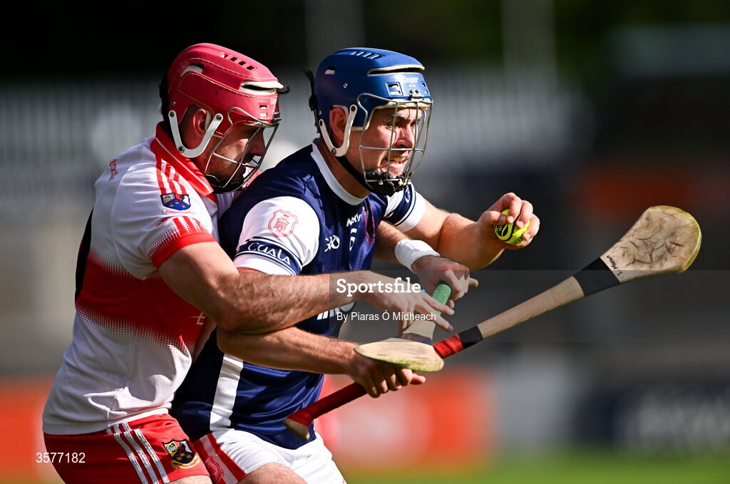 26 September 2026; Seán Moran of Cuala in action against Enda O'Donnell of Whitehall Colmcille during the PTSB Dublin County Senior Club Hurling Championship Quarter-Final between Cuala and Whitehall Colmcilles at Parnell Park in Dublin. Photo by Piaras Ó Mídheach/Sportsfile