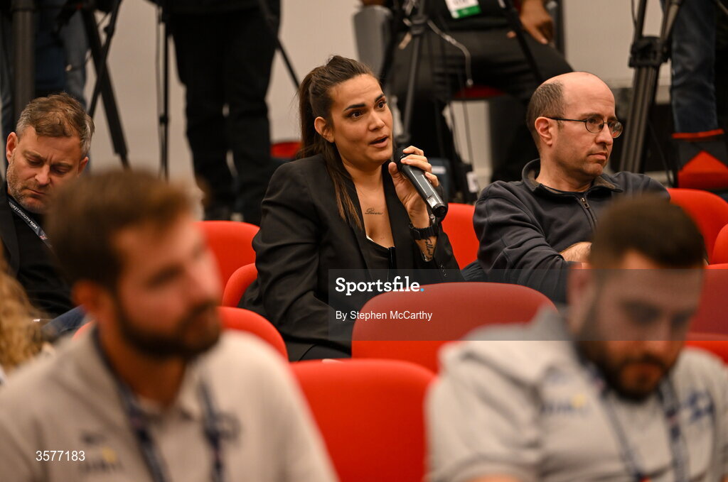 26 September 2026; An Israeli journalist asks a question to head coach Heimir Hallgrimsson during the Republic of Ireland press conference at Nagyerdei Stadion in Debrecen, Hungary. Photo by Stephen McCarthy/Sportsfile