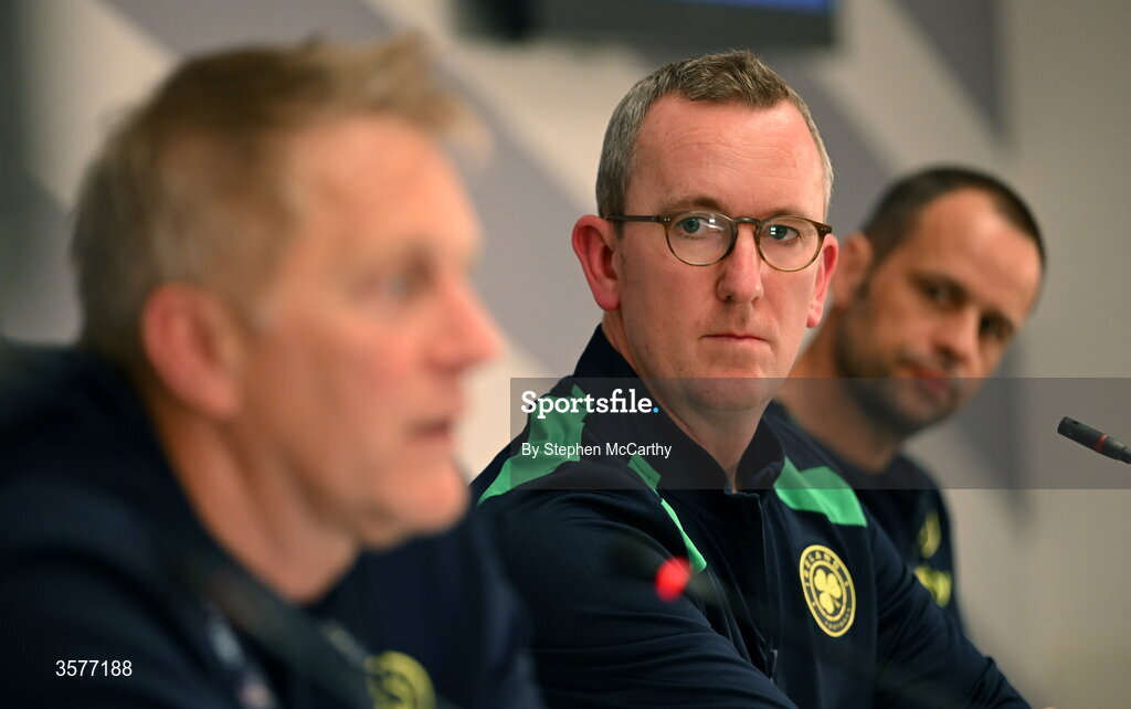 26 September 2026; FAI chief executive David Courell and FAI director of football John Martin, right, look in the direction of head coach Heimir Hallgrimsson during the Republic of Ireland press conference at Nagyerdei Stadion in Debrecen, Hungary. Photo by Stephen McCarthy/Sportsfile