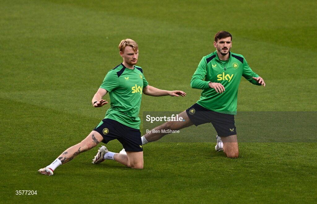26 September 2026; Liam Scales, left, and Liam Kitching during the Republic of Ireland training session at Nagyerdei Stadion in Debrecen, Hungary. Photo by Ben McShane/Sportsfile