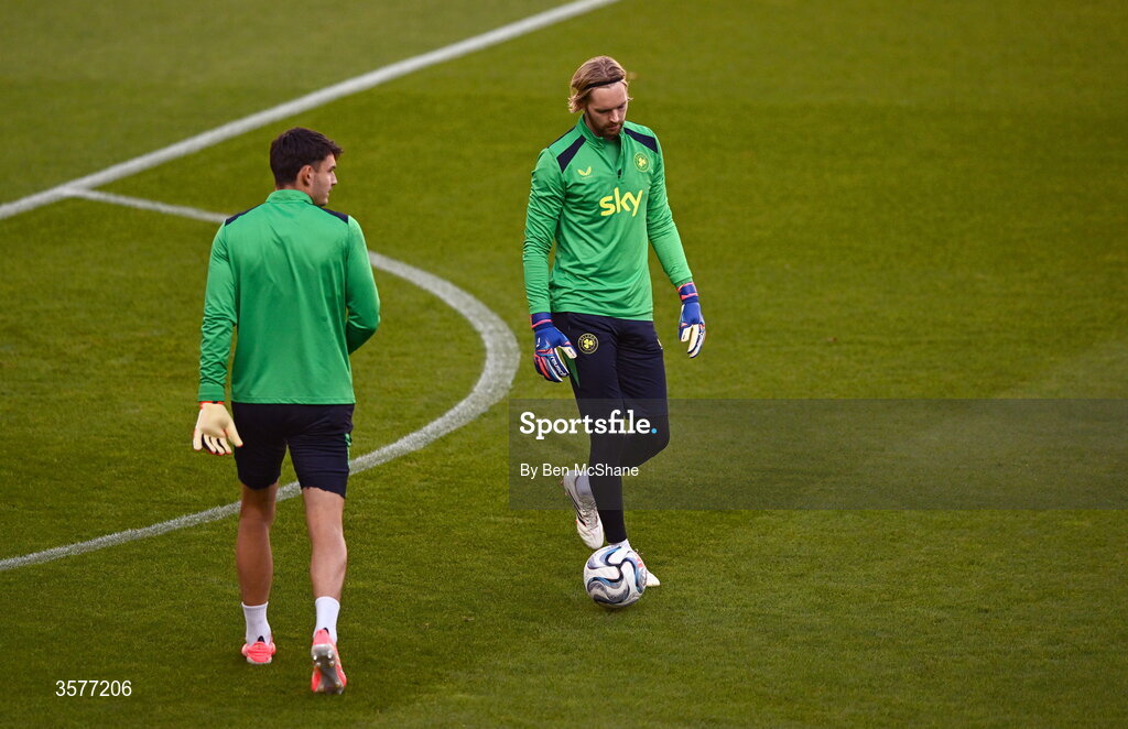 26 September 2026; Goalkeepers Caoimhín Kelleher, right, and Max O'Leary during the Republic of Ireland training session at Nagyerdei Stadion in Debrecen, Hungary. Photo by Ben McShane/Sportsfile