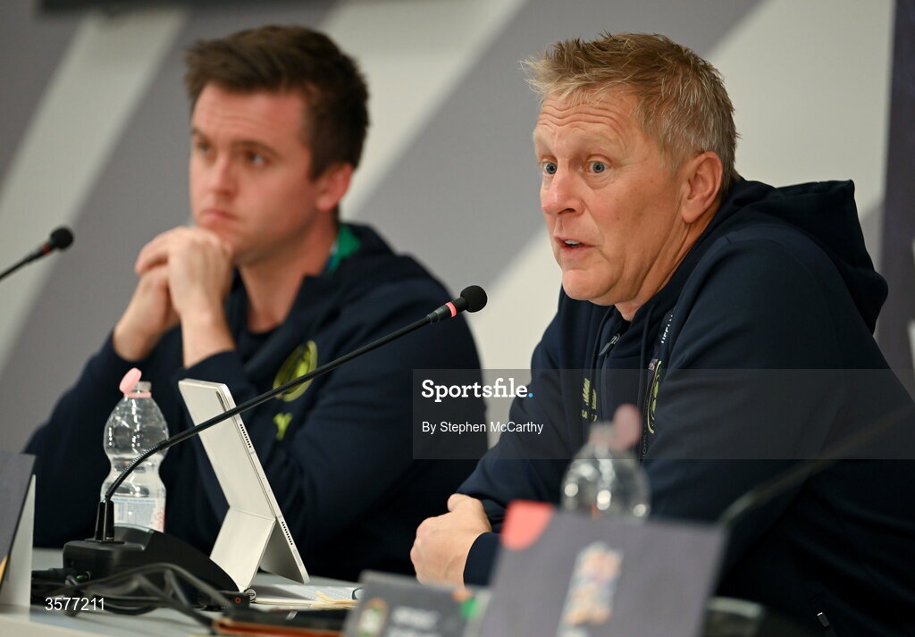 26 September 2026; Head coach Heimir Hallgrimsson and communications manager Kieran Crowley, left, during the Republic of Ireland press conference at Nagyerdei Stadion in Debrecen, Hungary. Photo by Stephen McCarthy/Sportsfile