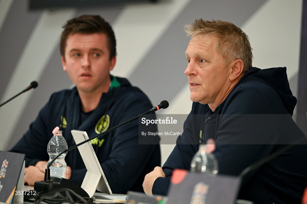 26 September 2026; Head coach Heimir Hallgrimsson and communications manager Kieran Crowley, left, during the Republic of Ireland press conference at Nagyerdei Stadion in Debrecen, Hungary. Photo by Stephen McCarthy/Sportsfile
