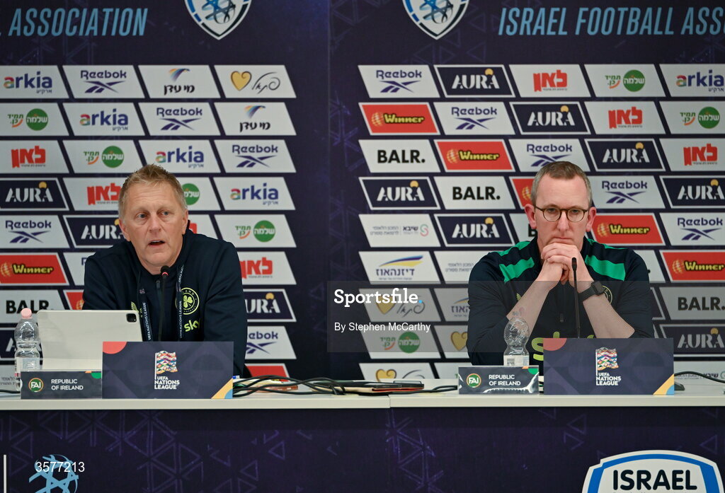 26 September 2026; Head coach Heimir Hallgrimsson and FAI chief executive David Courell, right, during the Republic of Ireland press conference at Nagyerdei Stadion in Debrecen, Hungary. Photo by Stephen McCarthy/Sportsfile