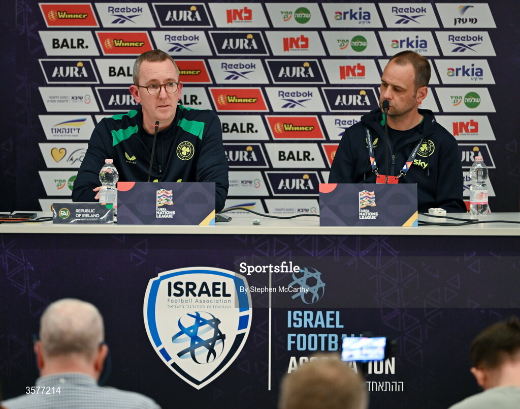 26 September 2026; FAI chief executive David Courell and FAI director of football John Martin, right, during the Republic of Ireland press conference at Nagyerdei Stadion in Debrecen, Hungary. Photo by Stephen McCarthy/Sportsfile