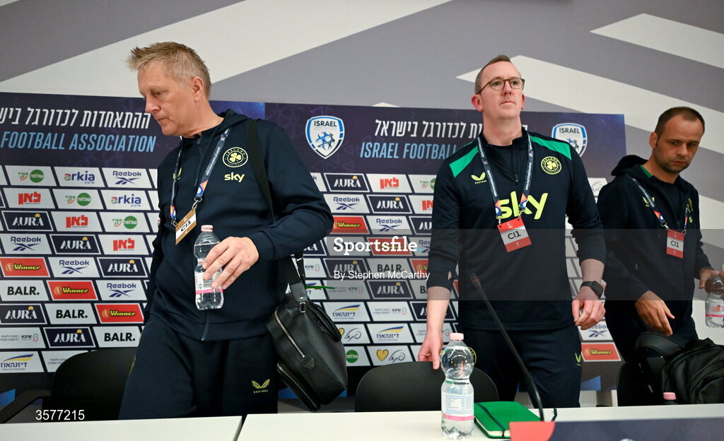 26 September 2026; Head coach Heimir Hallgrimsson, left, FAI chief executive David Courell and FAI director of football John Martin, right, arrive for the Republic of Ireland press conference at Nagyerdei Stadion in Debrecen, Hungary. Photo by Stephen McCarthy/Sportsfile