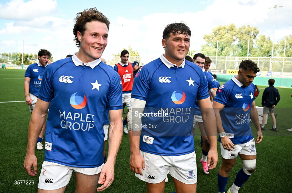 26 September 2026; St Mary’s College players Myles Carey, left, and Andrew Sparrow after their side's victory in the Energia Men's All-Ireland League Division 1A match between Lansdowne FC and St Mary's College RFC at the Aviva Stadium in Dublin. Photo by Seb Daly/Sportsfile