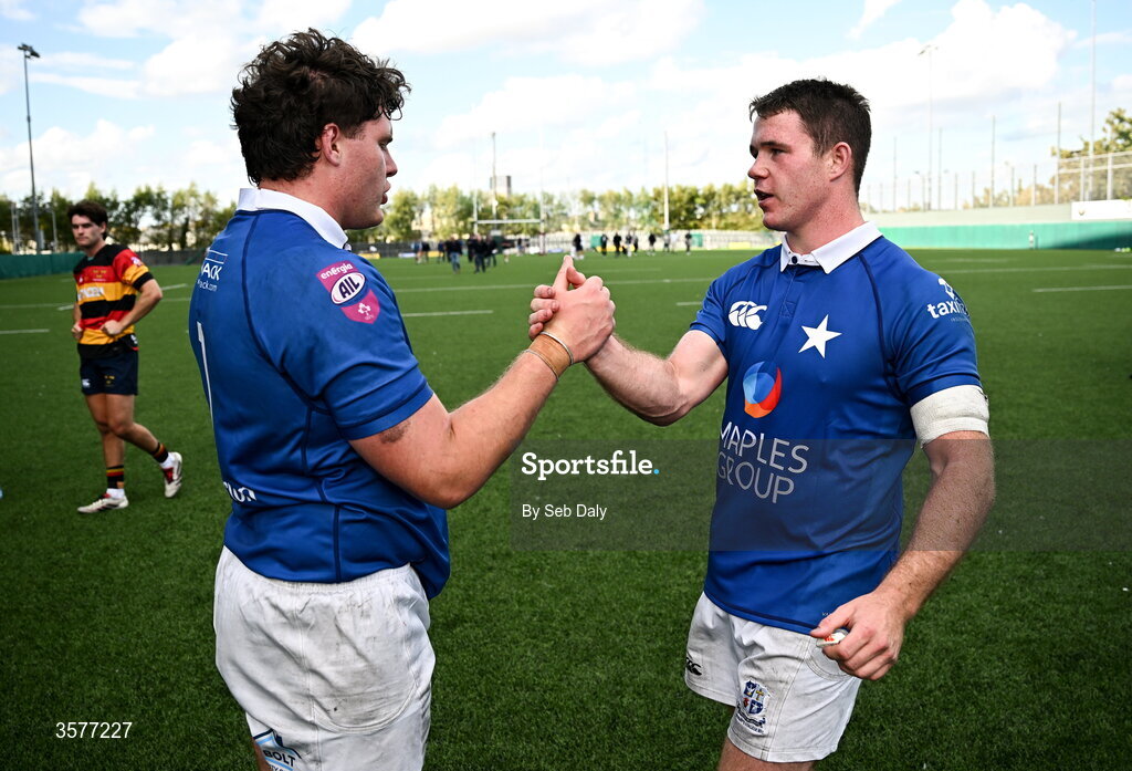 26 September 2026; St Mary’s College players Mick O'Gara, right, and Oisin Michel after their side's victory in the Energia Men's All-Ireland League Division 1A match between Lansdowne FC and St Mary's College RFC at the Aviva Stadium in Dublin. Photo by Seb Daly/Sportsfile