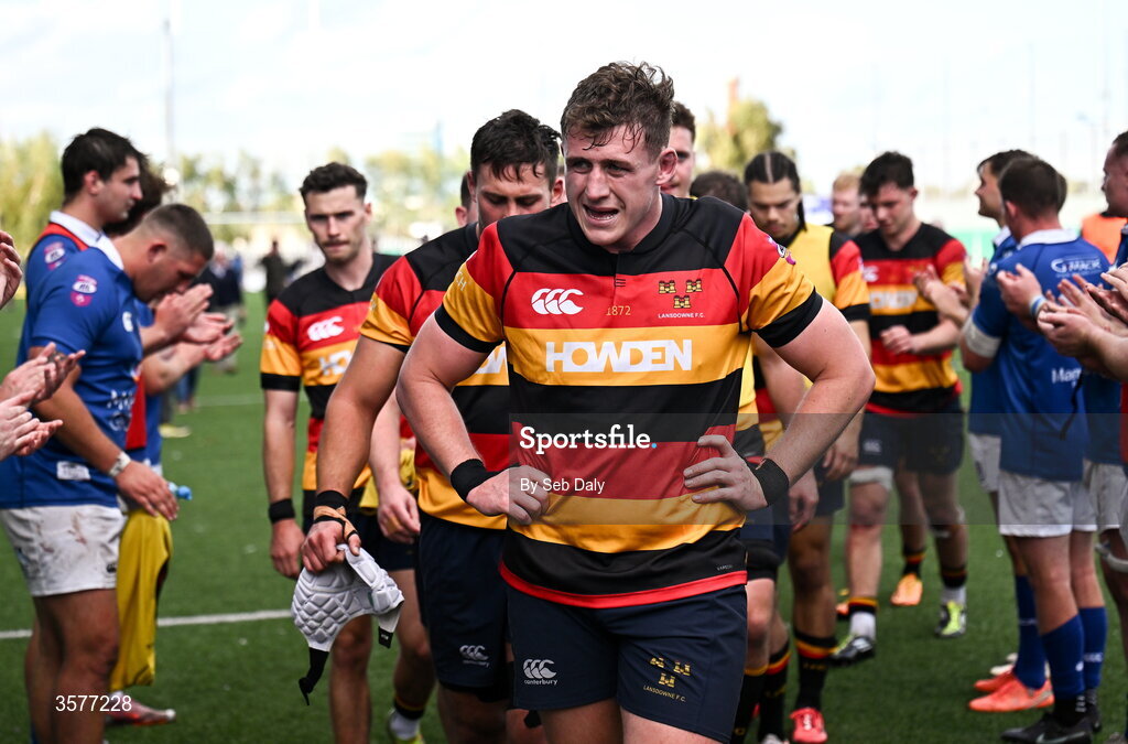 26 September 2026; Lansdowne captain Bobby Sheehan leads his side from the pitch after his side's defeat in the Energia Men's All-Ireland League Division 1A match between Lansdowne FC and St Mary's College RFC at the Aviva Stadium in Dublin. Photo by Seb Daly/Sportsfile