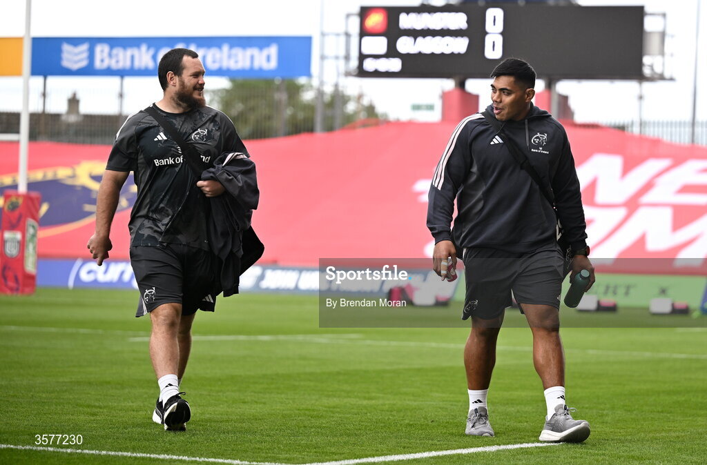 26 September 2026; Marnus van der Merwe, left, and Michael Ala'alatoa of Munster arrive before the United Rugby Championship match between Munster and Glasgow Warriors at Thomond Park in Limerick. Photo by Brendan Moran/Sportsfile