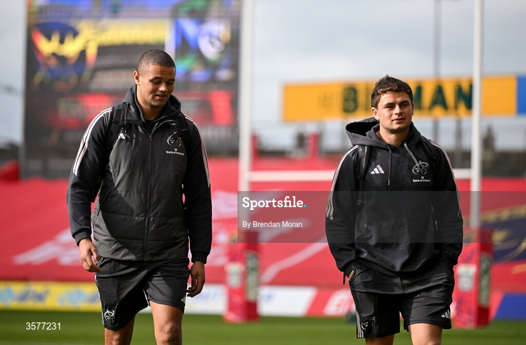 26 September 2026; Shay McCarthy, left, and Tony Butler of Munster arrive before the United Rugby Championship match between Munster and Glasgow Warriors at Thomond Park in Limerick. Photo by Brendan Moran/Sportsfile