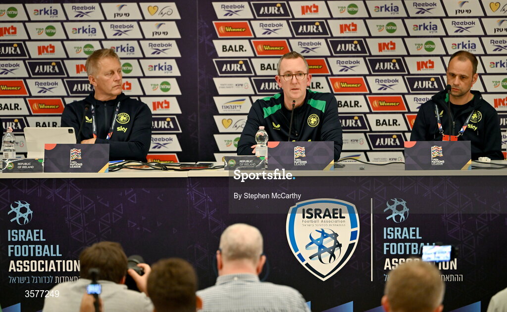 26 September 2026; Head coach Heimir Hallgrimsson, left, FAI chief executive David Courell and FAI director of football John Martin, right, during the Republic of Ireland press conference at Nagyerdei Stadion in Debrecen, Hungary. Photo by Stephen McCarthy/Sportsfile