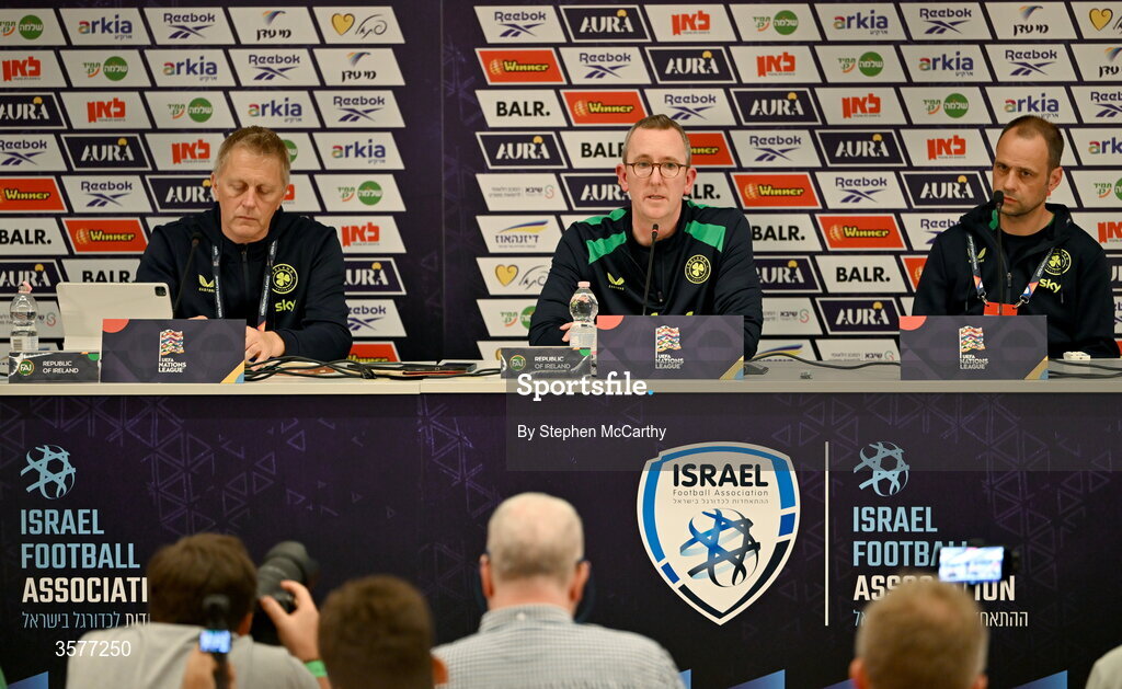 26 September 2026; Head coach Heimir Hallgrimsson, left, FAI chief executive David Courell and FAI director of football John Martin, right, during the Republic of Ireland press conference at Nagyerdei Stadion in Debrecen, Hungary. Photo by Stephen McCarthy/Sportsfile