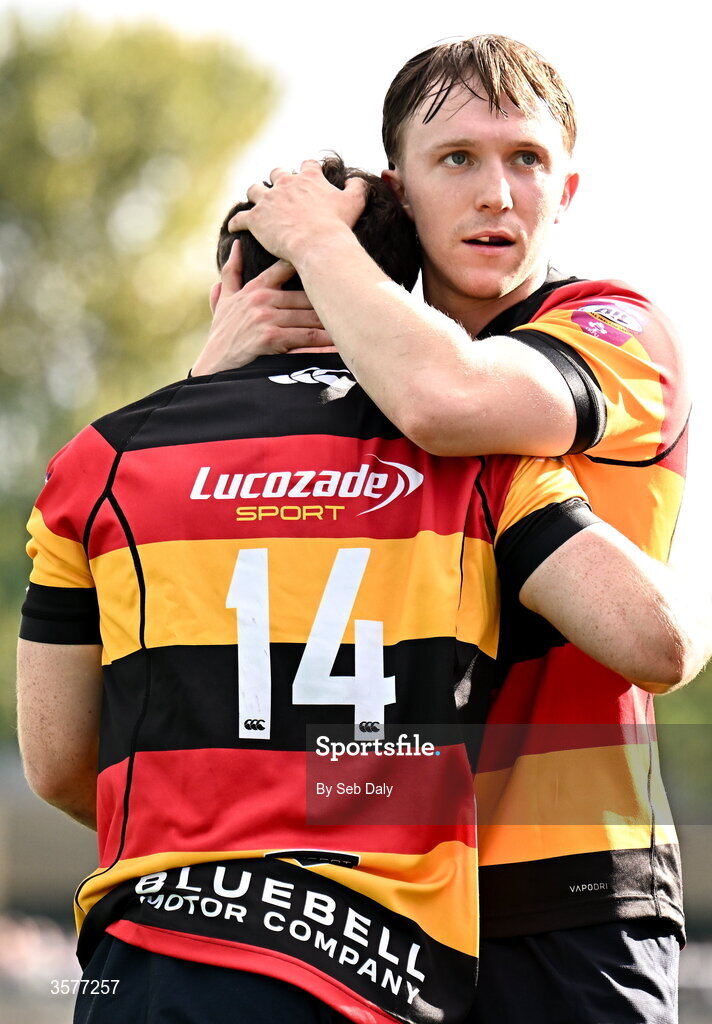 26 September 2026; Daniel Hurley of Lansdowne, 14, is congratulated by teammate Oisin Devitt after scoring a try during the Energia Men's All-Ireland League Division 1A match between Lansdowne FC and St Mary's College RFC at the Aviva Stadium in Dublin. Photo by Seb Daly/Sportsfile