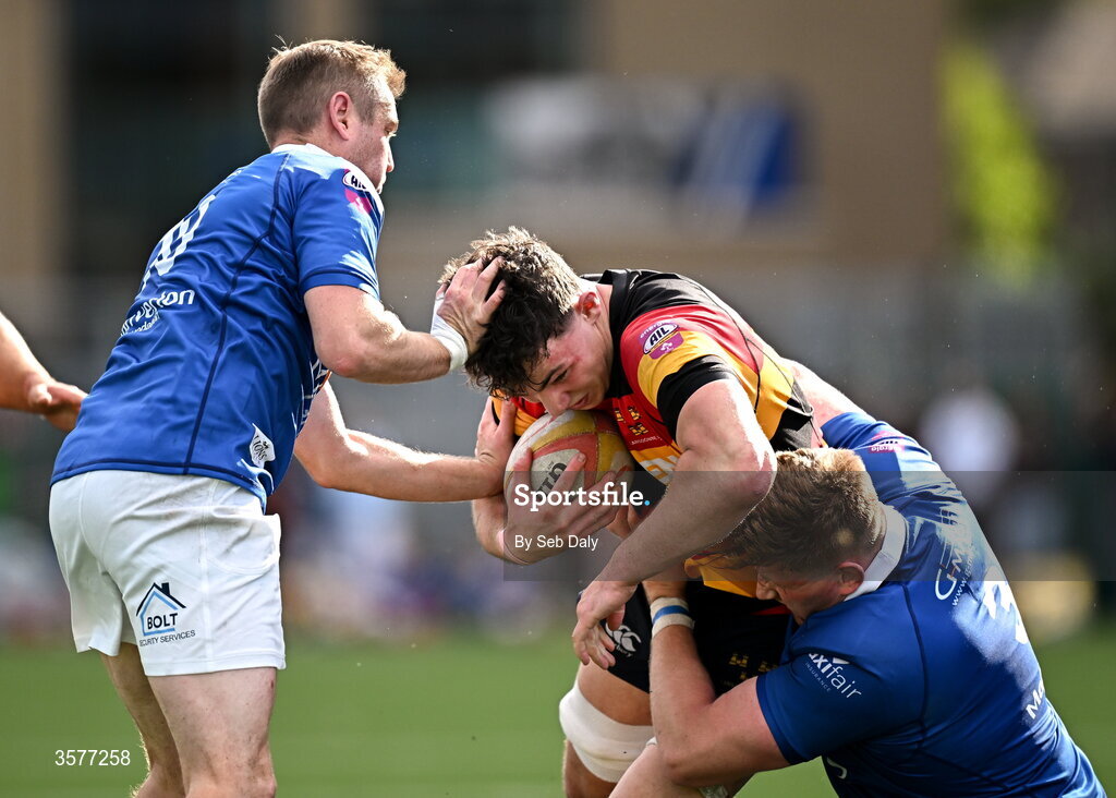 26 September 2026; Louis McGauran of Lansdowne is tackled by St Mary’s College players Michael McCormack, right, and Conor Dean during the Energia Men's All-Ireland League Division 1A match between Lansdowne FC and St Mary's College RFC at the Aviva Stadium in Dublin. Photo by Seb Daly/Sportsfile