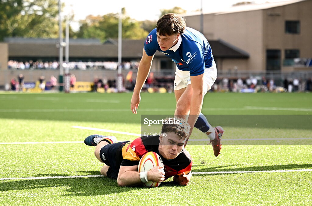 26 September 2026; Daniel Hurley of Lansdowne scores a try during the Energia Men's All-Ireland League Division 1A match between Lansdowne FC and St Mary's College RFC at the Aviva Stadium in Dublin. Photo by Seb Daly/Sportsfile