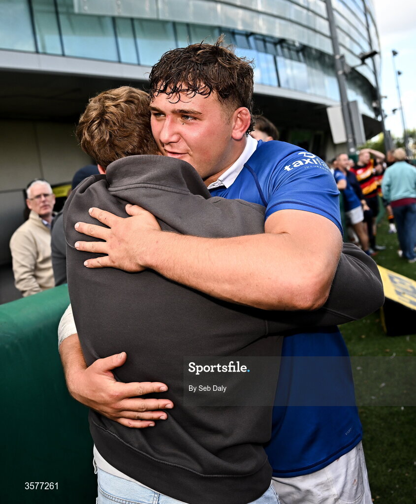26 September 2026; Andrew Sparrow of St Mary’s College celebrates with a supporter after his side's victory in the Energia Men's All-Ireland League Division 1A match between Lansdowne FC and St Mary's College RFC at the Aviva Stadium in Dublin. Photo by Seb Daly/Sportsfile