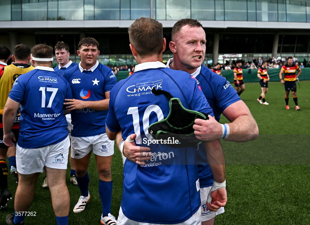 26 September 2026; St Mary’s College players Ronan Watters, right, anf Conor Dean after their side's victory in the Energia Men's All-Ireland League Division 1A match between Lansdowne FC and St Mary's College RFC at the Aviva Stadium in Dublin. Photo by Seb Daly/Sportsfile