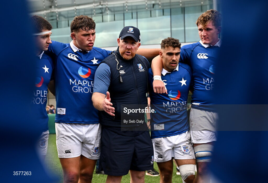 26 September 2026; St Mary’s College head coach Mark McHugh talks to his players after the Energia Men's All-Ireland League Division 1A match between Lansdowne FC and St Mary's College RFC at the Aviva Stadium in Dublin. Photo by Seb Daly/Sportsfile