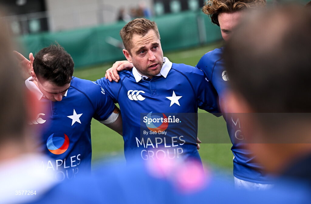 26 September 2026; St Mary’s College captain Conor Dean talks to his teammates after the Energia Men's All-Ireland League Division 1A match between Lansdowne FC and St Mary's College RFC at the Aviva Stadium in Dublin. Photo by Seb Daly/Sportsfile