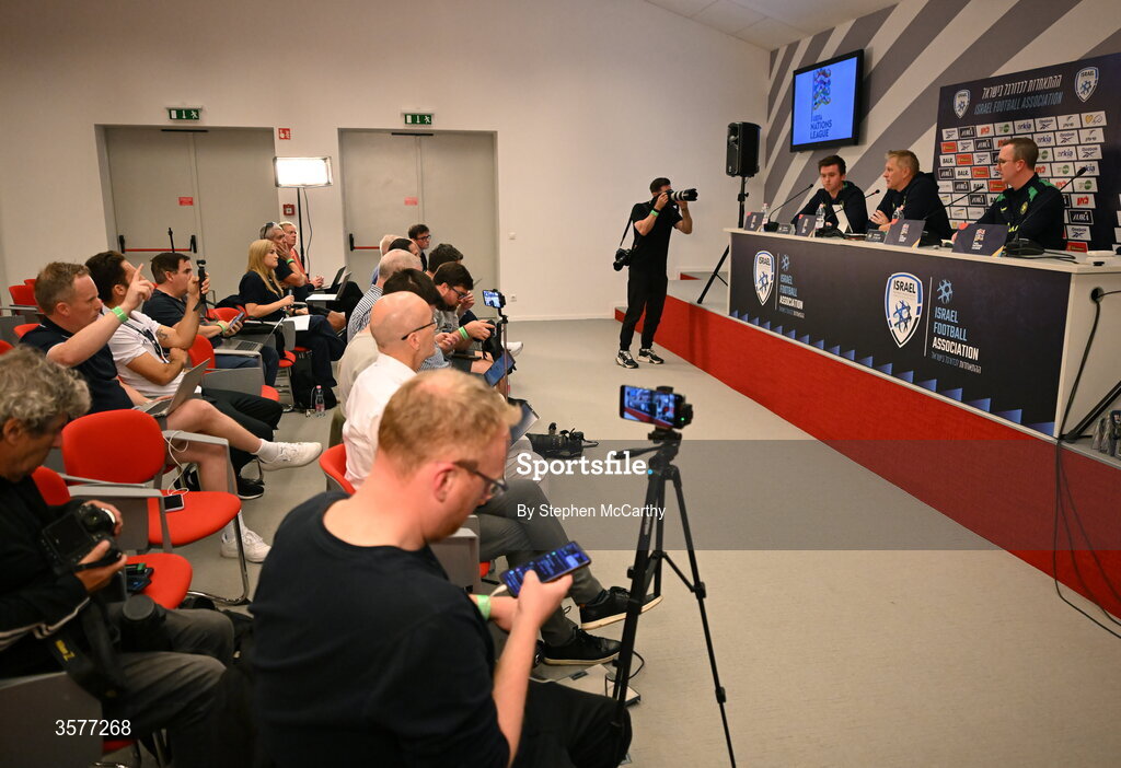 26 September 2026; The top table, from left, communications manager Kieran Crowley, head coach Heimir Hallgrimsson and FAI chief executive David Courell during the Republic of Ireland press conference at Nagyerdei Stadion in Debrecen, Hungary. Photo by Stephen McCarthy/Sportsfile