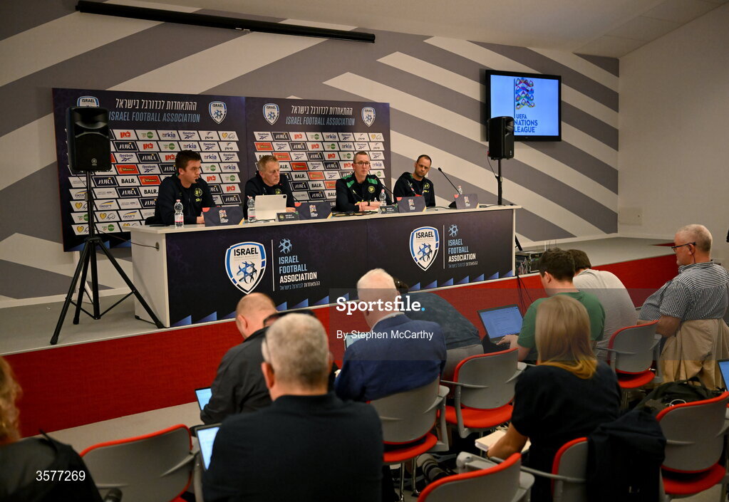 26 September 2026; The top table, from left, communications manager Kieran Crowley, head coach Heimir Hallgrimsson, FAI chief executive David Courell and FAI director of football John Martin during the Republic of Ireland press conference at Nagyerdei Stadion in Debrecen, Hungary. Photo by Stephen McCarthy/Sportsfile