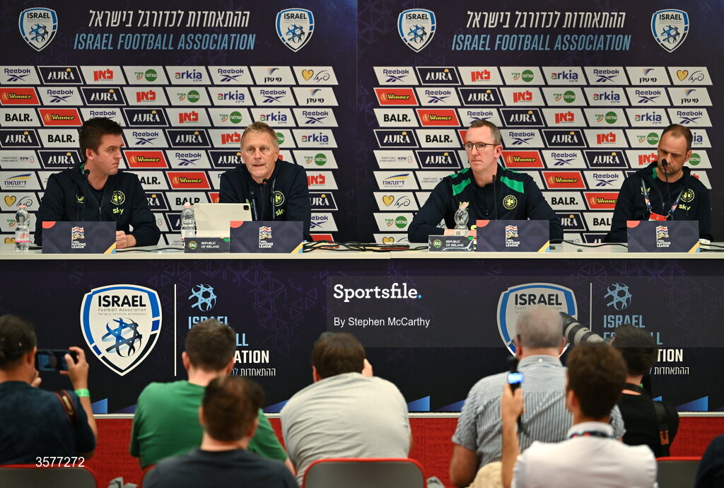 26 September 2026; The top table, from left, communications manager Kieran Crowley, head coach Heimir Hallgrimsson, FAI chief executive David Courell and FAI director of football John Martin during the Republic of Ireland press conference at Nagyerdei Stadion in Debrecen, Hungary. Photo by Stephen McCarthy/Sportsfile