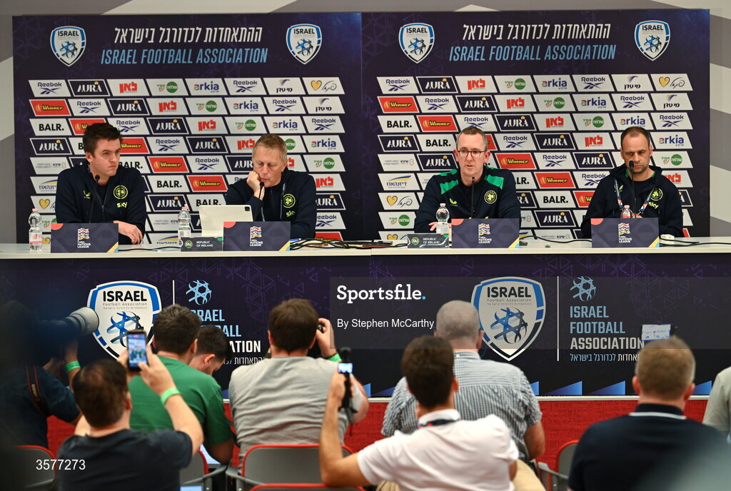 26 September 2026; The top table, from left, communications manager Kieran Crowley, head coach Heimir Hallgrimsson, FAI chief executive David Courell and FAI director of football John Martin during the Republic of Ireland press conference at Nagyerdei Stadion in Debrecen, Hungary. Photo by Stephen McCarthy/Sportsfile