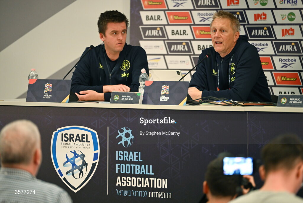 26 September 2026; Head coach Heimir Hallgrimsson and communications manager Kieran Crowley, left, during the Republic of Ireland press conference at Nagyerdei Stadion in Debrecen, Hungary. Photo by Stephen McCarthy/Sportsfile