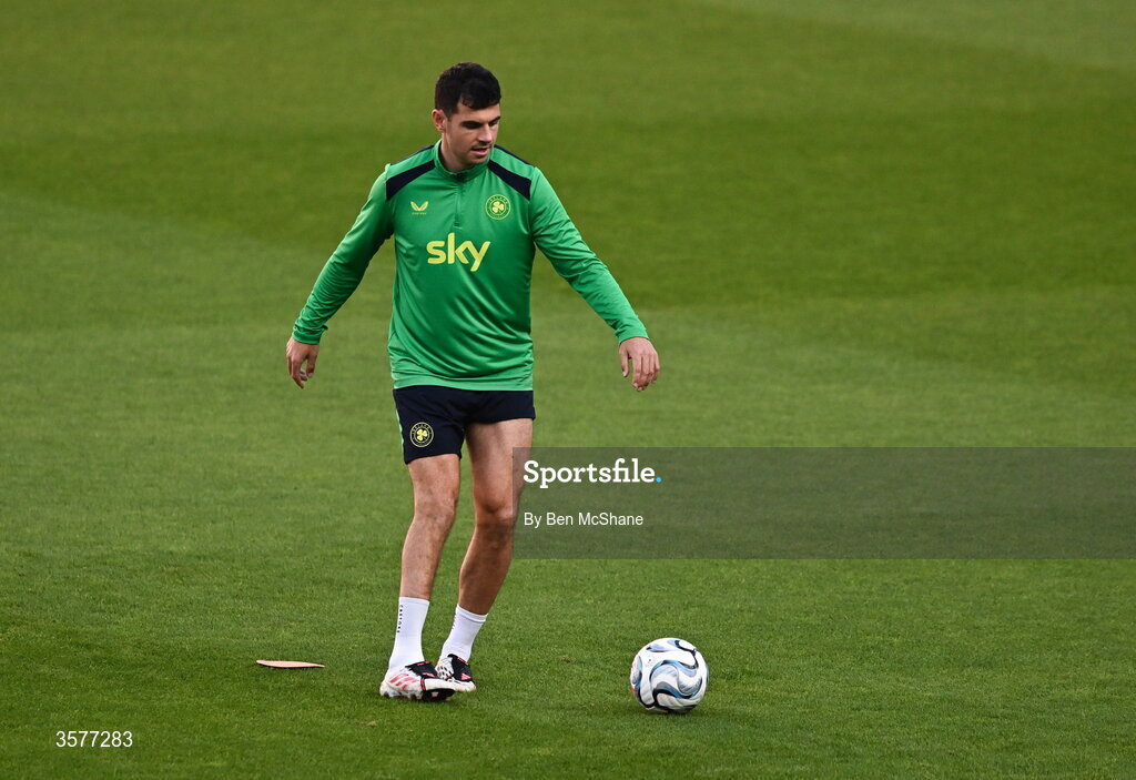 26 September 2026; John Egan during the Republic of Ireland training session at Nagyerdei Stadion in Debrecen, Hungary. Photo by Ben McShane/Sportsfile