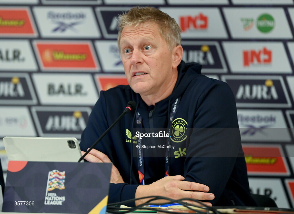 26 September 2026; Head coach Heimir Hallgrimsson during the Republic of Ireland press conference at Nagyerdei Stadion in Debrecen, Hungary. Photo by Stephen McCarthy/Sportsfile