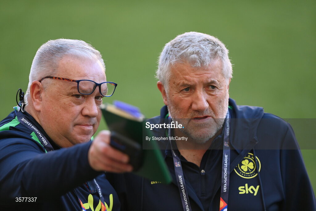 26 September 2026; FAI President Paul Cooke, right, and FAI head of security Joe McGlue during the Republic of Ireland training session at Nagyerdei Stadion in Debrecen, Hungary. Photo by Stephen McCarthy/Sportsfile