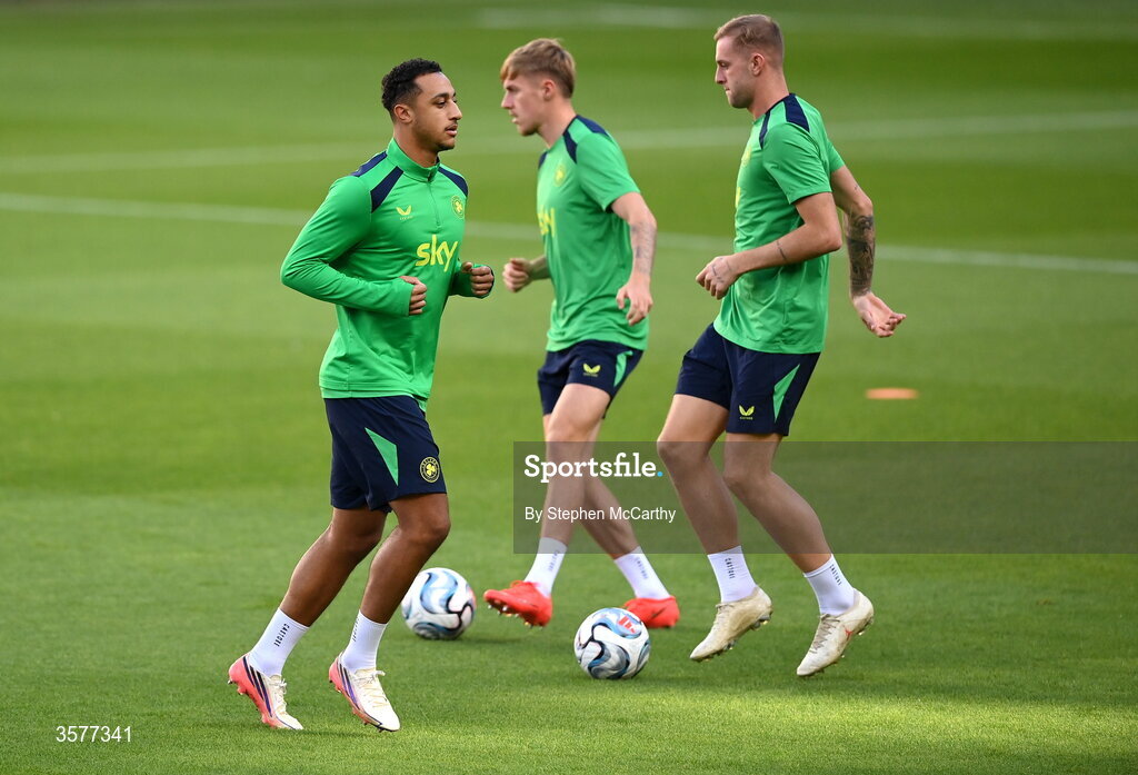 26 September 2026; Adam Idah, left, Joel Bagen and Killian Philips, right, during the Republic of Ireland training session at Nagyerdei Stadion in Debrecen, Hungary. Photo by Stephen McCarthy/Sportsfile