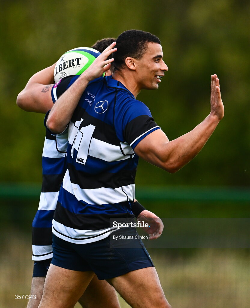 26 September 2026; Jordan Conroy of Wanderers celebrates with team-mates after scoring a try during the Energia Men's All-Ireland League Division 2A match between Galway Corinthians and Wanderers at Dangan Sportground in Galway. Photo by Shauna Clinton/Sportsfile