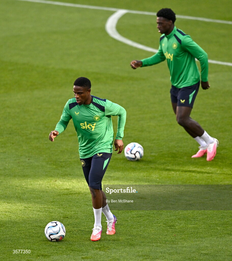26 September 2026; Chiedozie Ogbene, left, and James Abankwah during the Republic of Ireland training session at Nagyerdei Stadion in Debrecen, Hungary. Photo by Ben McShane/Sportsfile