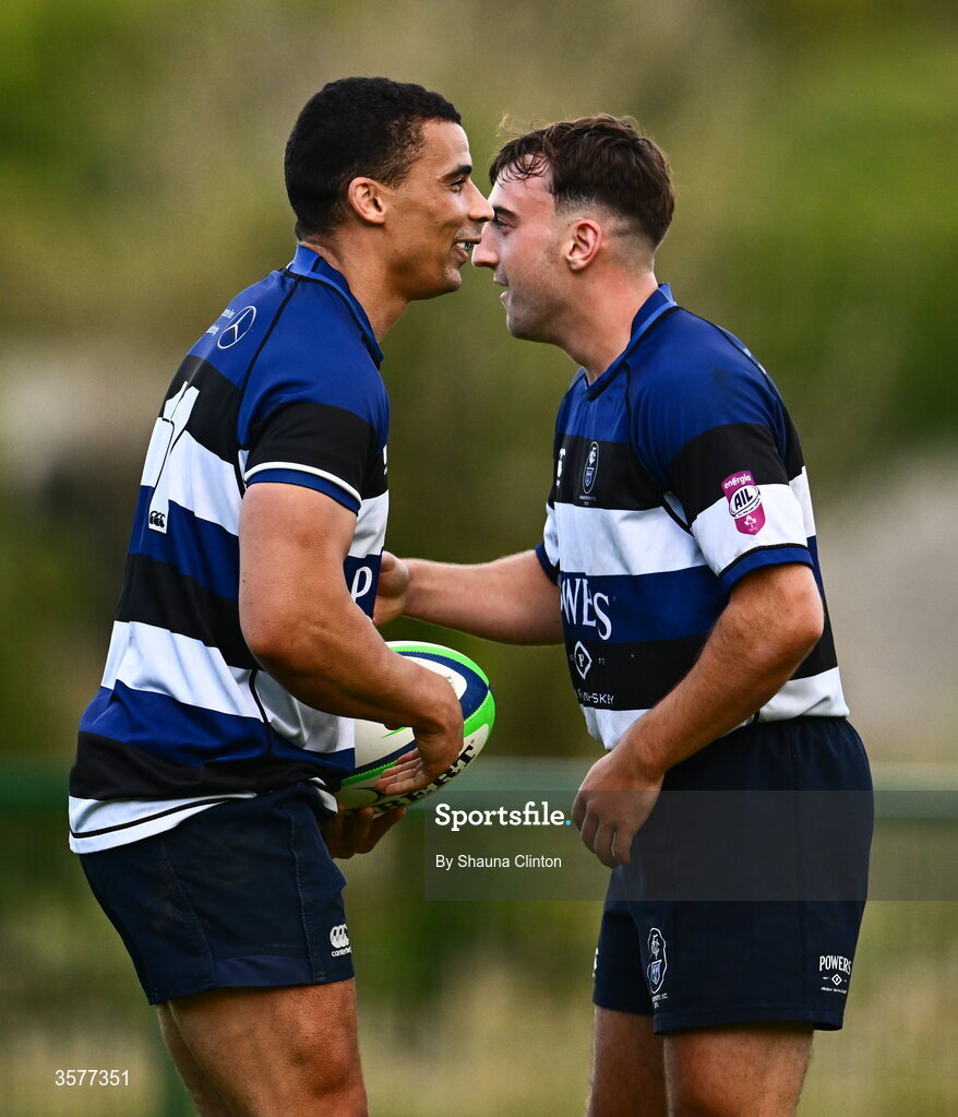 26 September 2026; Jordan Conroy of Wanderers, left, celebrates with team-mates after scoring a try during the Energia Men's All-Ireland League Division 2A match between Galway Corinthians and Wanderers at Dangan Sportground in Galway. Photo by Shauna Clinton/Sportsfile