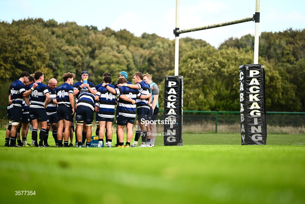 26 September 2026; Wanderers players huddle during the Energia Men's All-Ireland League Division 2A match between Galway Corinthians and Wanderers at Dangan Sportground in Galway. Photo by Shauna Clinton/Sportsfile