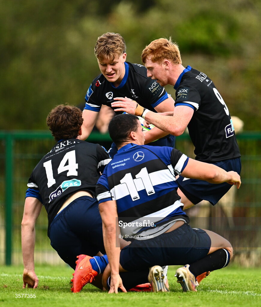 26 September 2026; Ned Williams of Galway Corinthians, 14, celebrates with teammates \after scoring their side's first try during the Energia Men's All-Ireland League Division 2A match between Galway Corinthians and Wanderers at Dangan Sportground in Galway. Photo by Shauna Clinton/Sportsfile