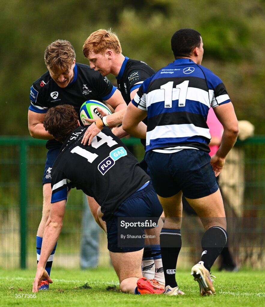 26 September 2026; Ned Williams of Galway Corinthians, 14, celebrates with teammates \after scoring their side's first try during the Energia Men's All-Ireland League Division 2A match between Galway Corinthians and Wanderers at Dangan Sportground in Galway. Photo by Shauna Clinton/Sportsfile